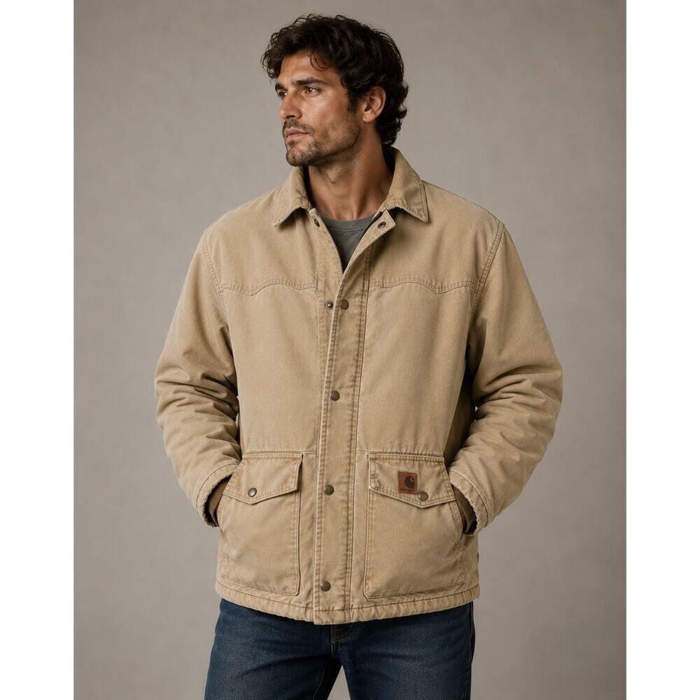 Carhartt Vtg 90's Quilted Lined Canvas Ranch Chore Coat C08 WET Tan USA Men's XL